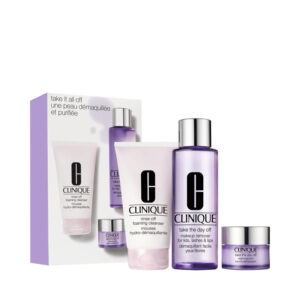 מארז קליניק טייק דה דיי אוף המכיל מסיר איפור עיניים ושפתיים+תכשיר ניקוי+מסיר איפור